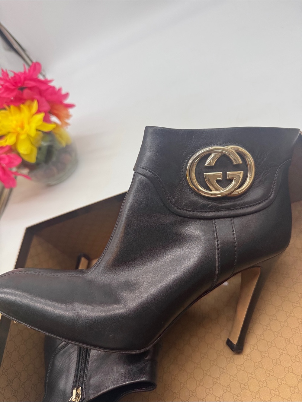 Gucci Black Leather Heeled Boosts Style 163306 with box Size 8.5 - Picture 6 of 15